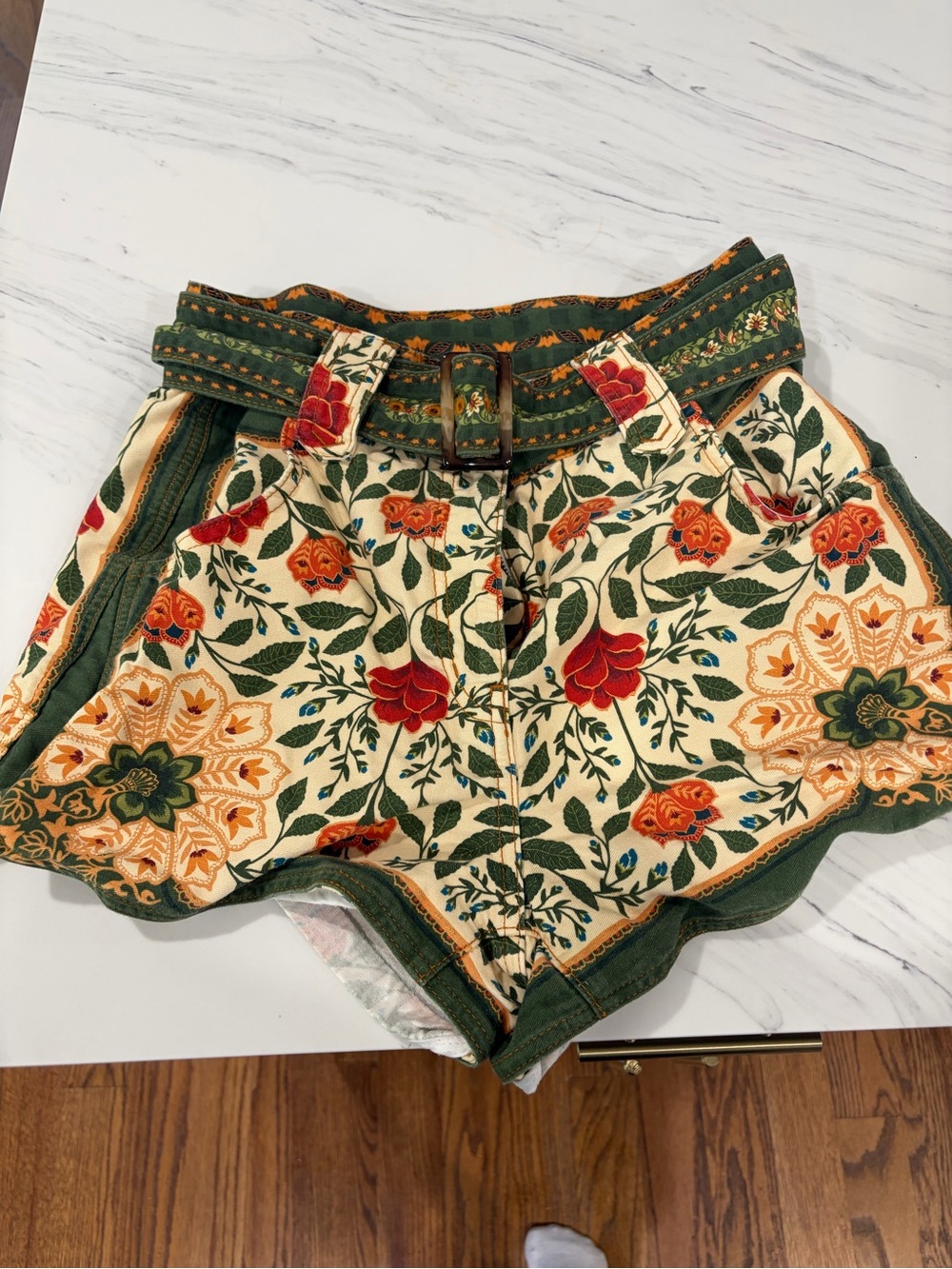 FARM Rio Cream Floral High-Waist Shorts with Green Belt